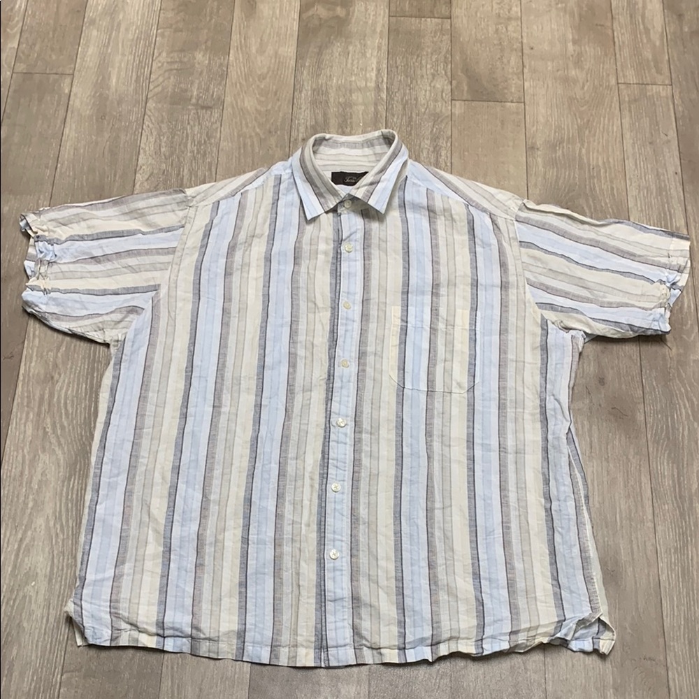 Mens Tasso Elba Linen‎ Blend Button Down Stripe Pocket Shirt